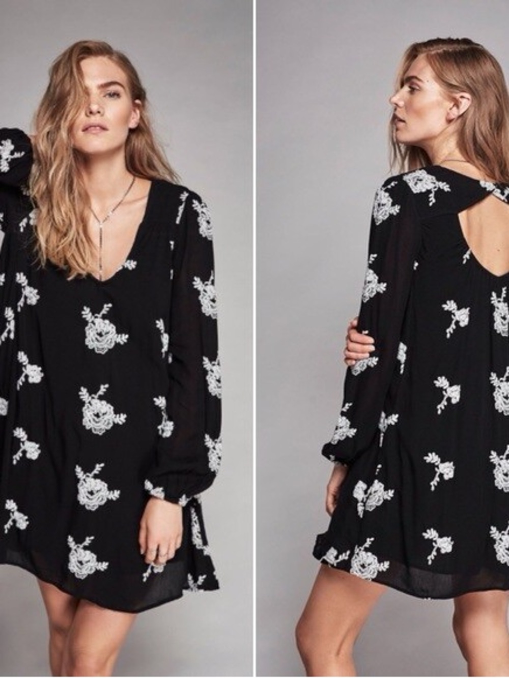 Free People Black Floral Long-Sleeve Mini Dress with White Embroidery